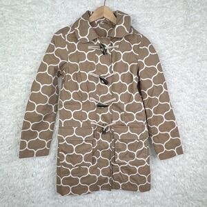 Boden Hooded Toggle Rain Trench Coat Women Size 2 Brown White Geometric Cotton‎